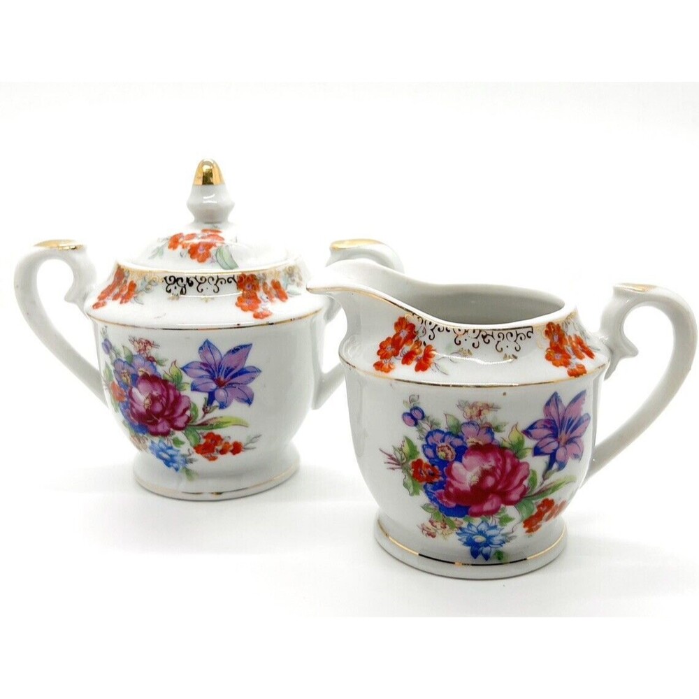 Vintage Creamer and Sugar Bowl Set Floral Design Made in Japan Bridgerton Style